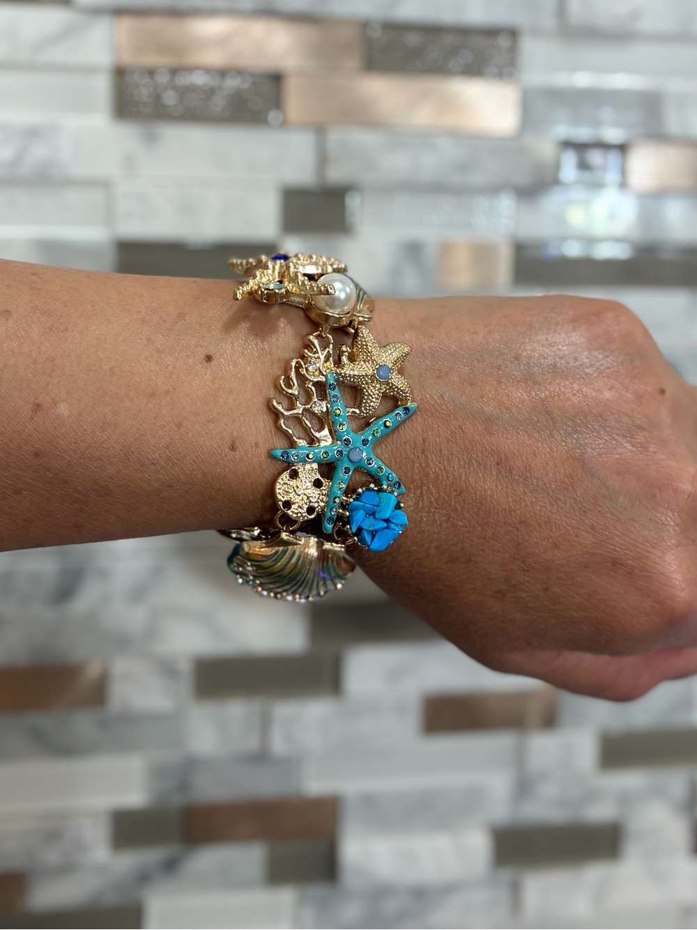 Gold-Tone Turquoise Starfish Charm Bracelet for Women